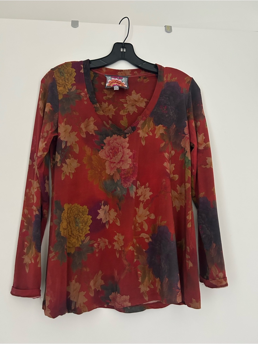 Johnny Was Red Floral V-Neck Long-Sleeve Top